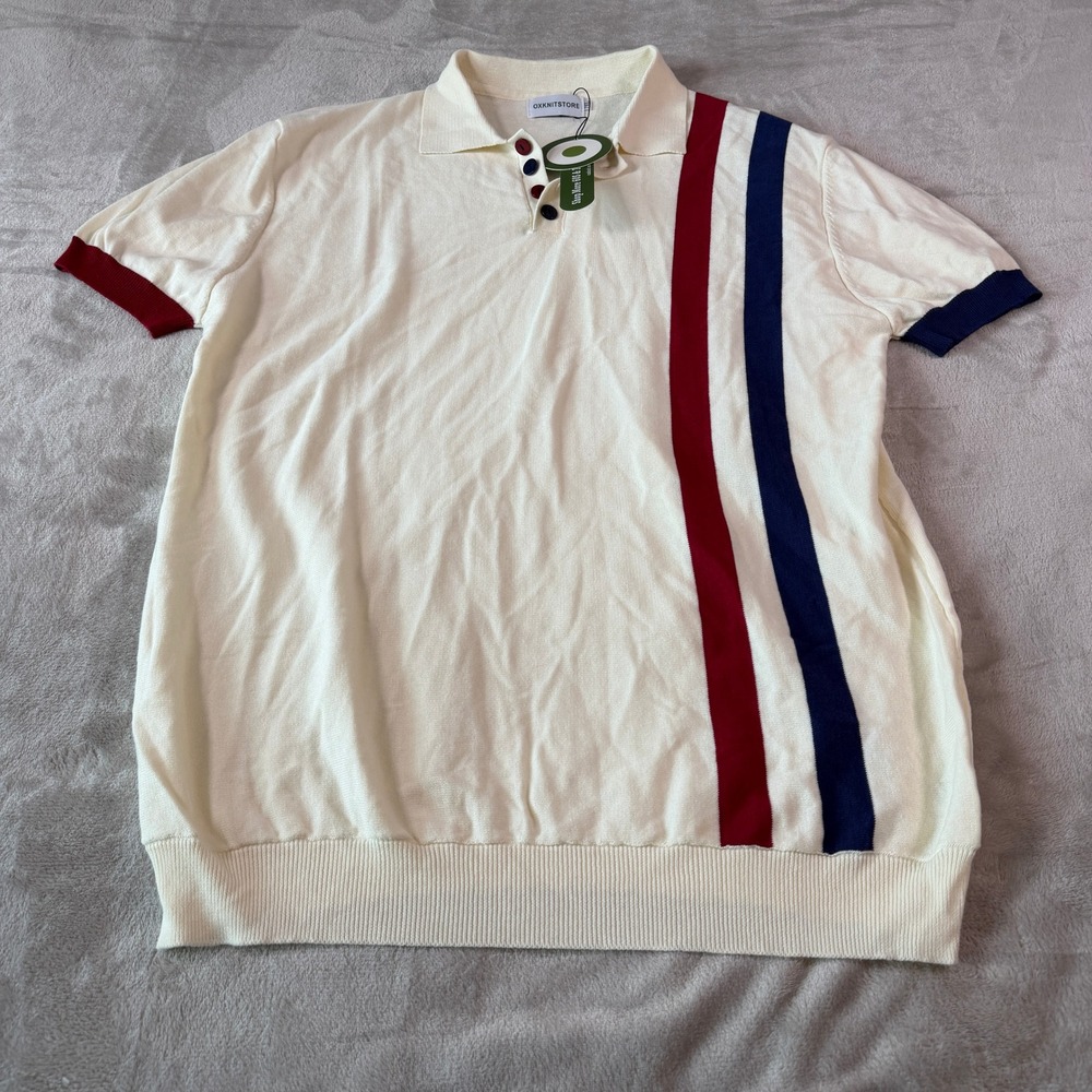 OXKNITSTORE Mens 2XL Cream Cotton Knit Polo Retro Racing Stripe Short Sleeve